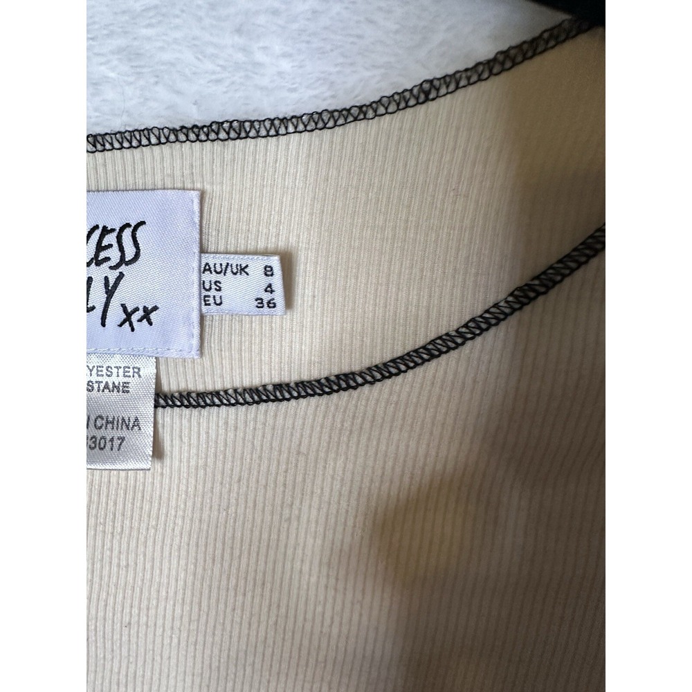 Princess Polly Crop Top Womens 4 Waffle Knit Off White Long Sleeve Black Trim - Picture 4 of 12